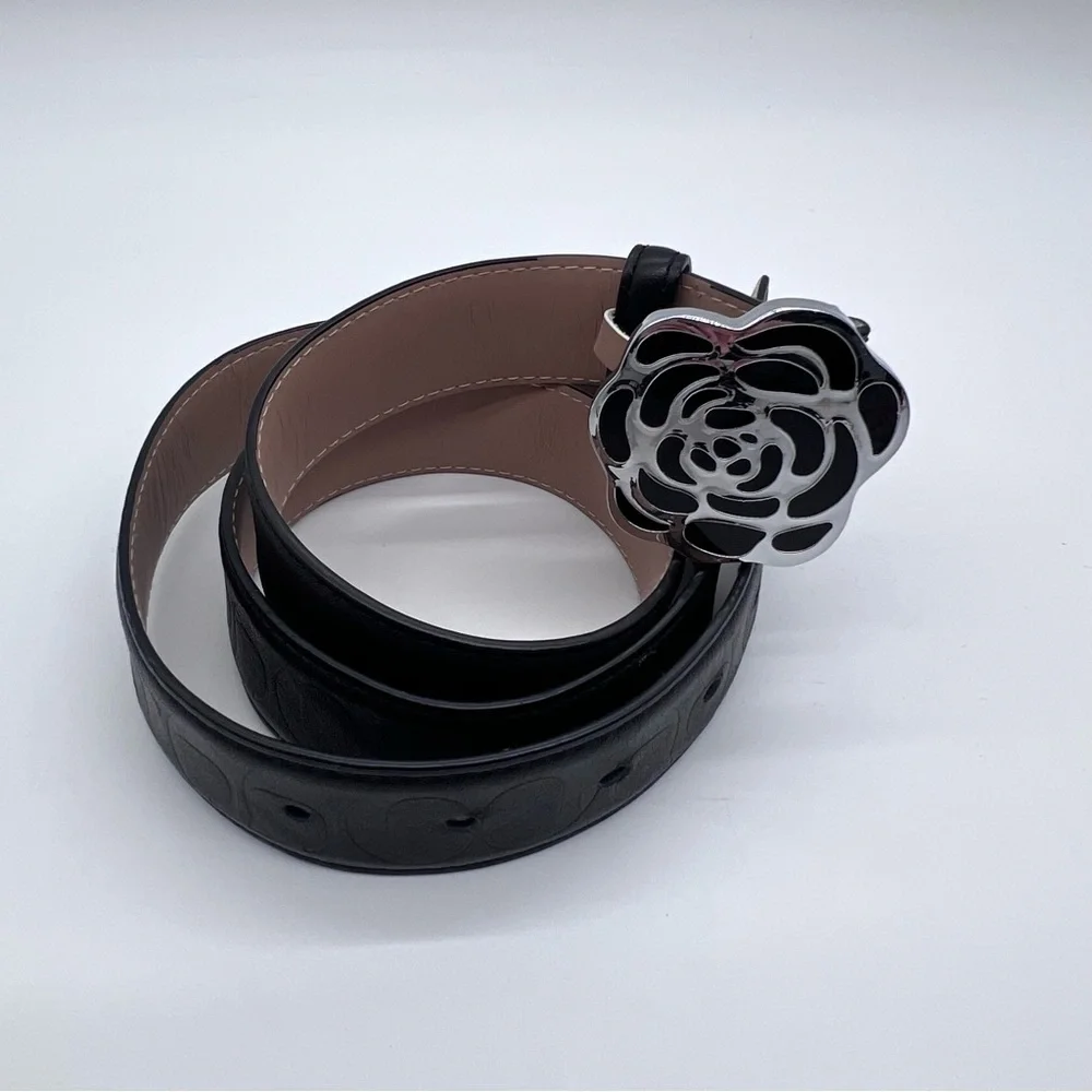 Coach Black & Blush Reversible Leather Belt with Floral Buckle- 40” - Picture 16 of 16